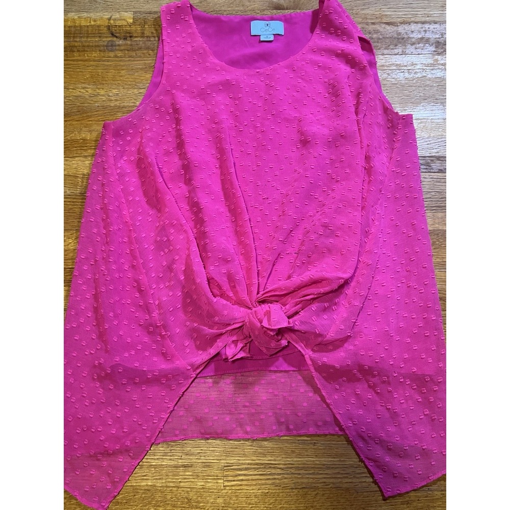 CeCe Women Small Pink Texture Sleeveless Tie-Front Scoop Neck Sheer Layer Blouse